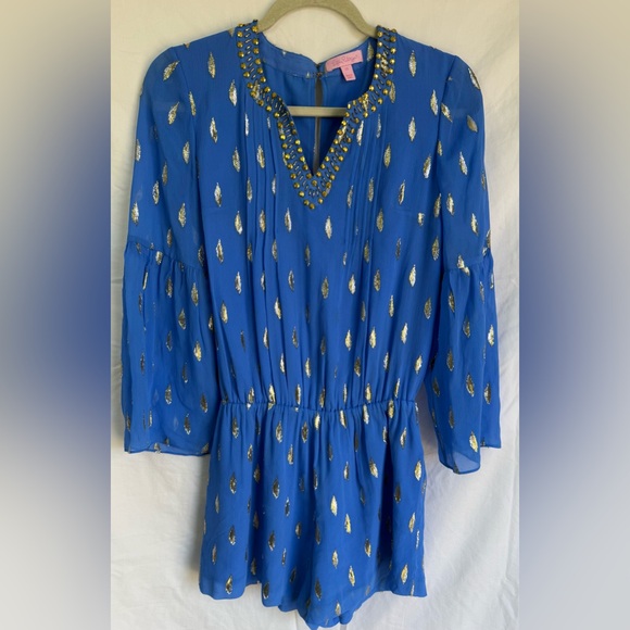 Lilly Pulitzer Silk Metallic Romper Blue Gold Beaded XS Resort Party - Picture 2 of 6
